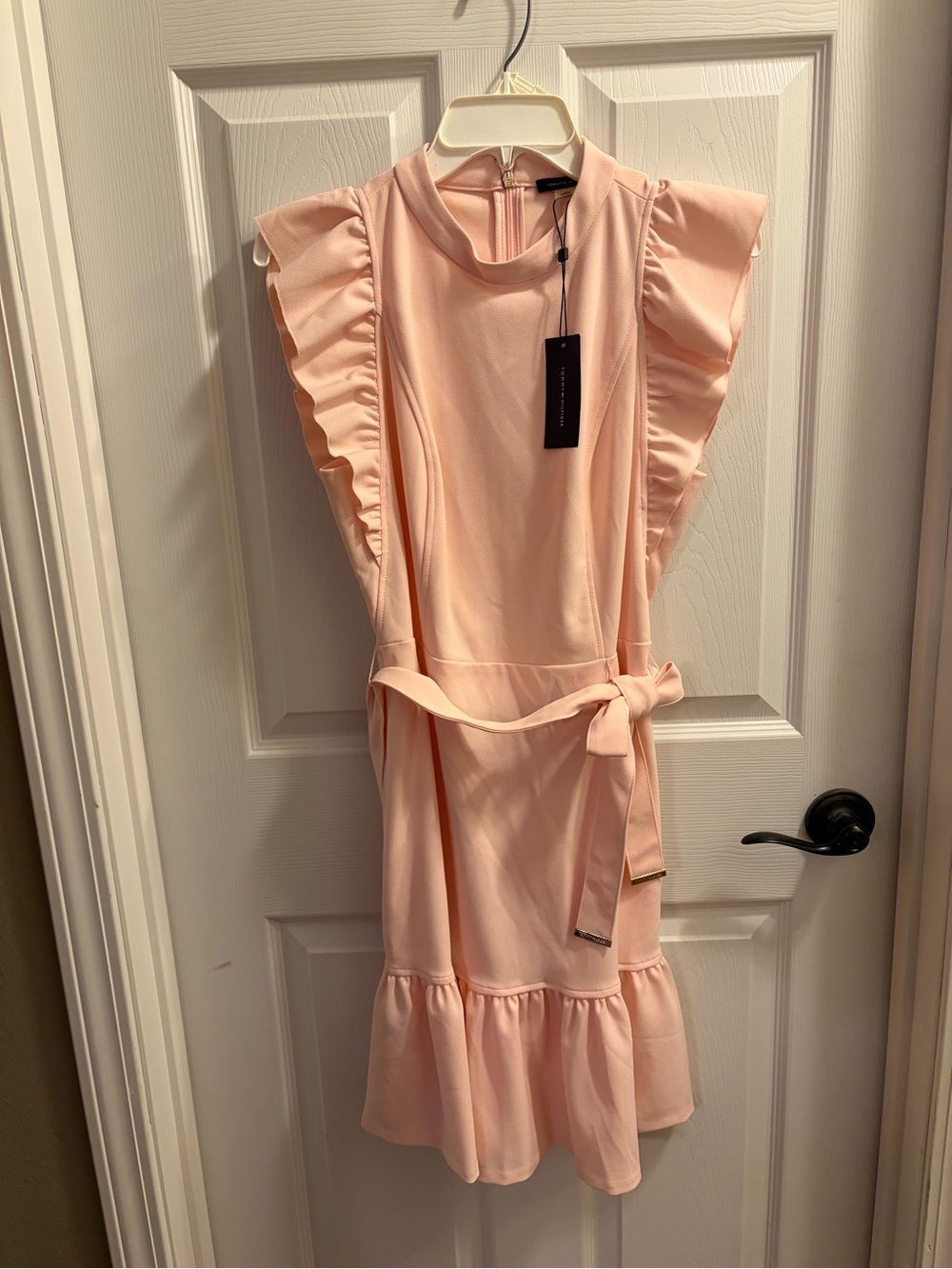 Tommy Hilfiger Blush Pink Ruffle Sleeve Midi Dress with Belt